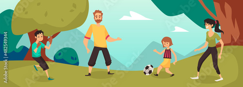 Forest or park scenery with family playing soccer, flat vector illustration.