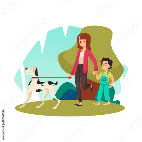 Mother with child walking the dog together, flat vector illustration isolated.