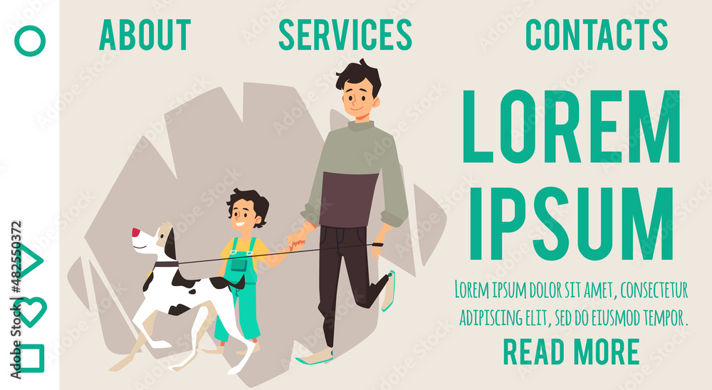 Father and son walk together with dog, landing page template - flat vector illustration. Father and son walk together with dog, landing page template - flat vector illustration.