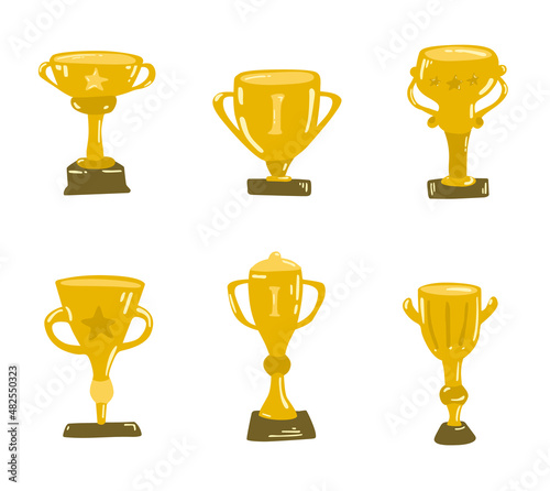 Doodle set with champion trophy cups for winner. Hand drawn Prizes collection. Cartoons Trophy for champion. Vector.