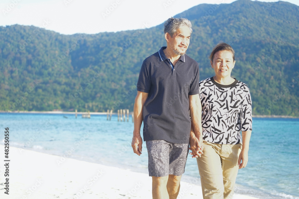 asian senior couple hand in hand happily walking on the beach, concept for elderly people lifestyle, family,travel,vacation,quality of life