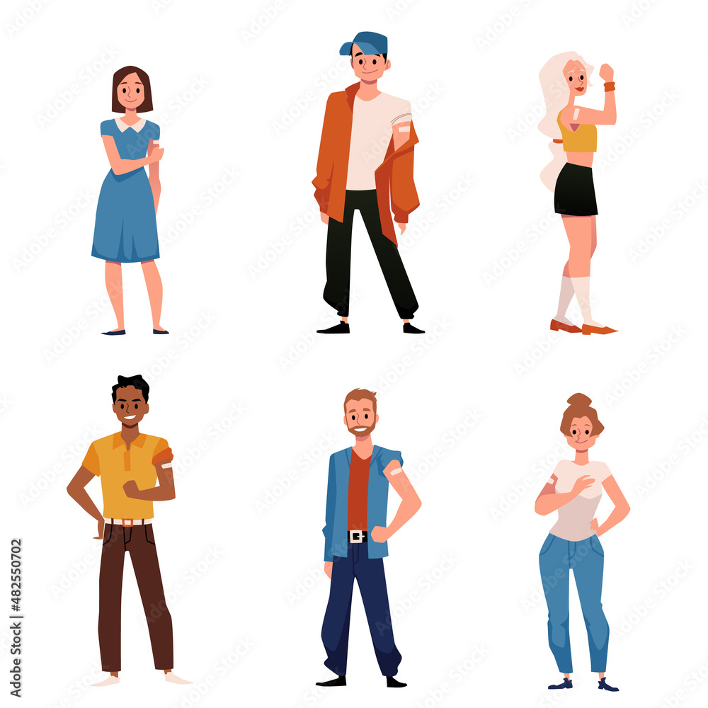 Obraz premium Young people get vaccinated for Covid, cartoon vector character set. Diverse male and female have bandage on their arm.