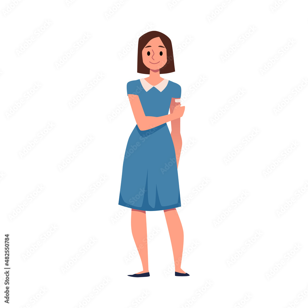 Woman after vaccination shot, flat vector illustration isolated on background. Woman after vaccination shot, flat vector illustration isolated on background.