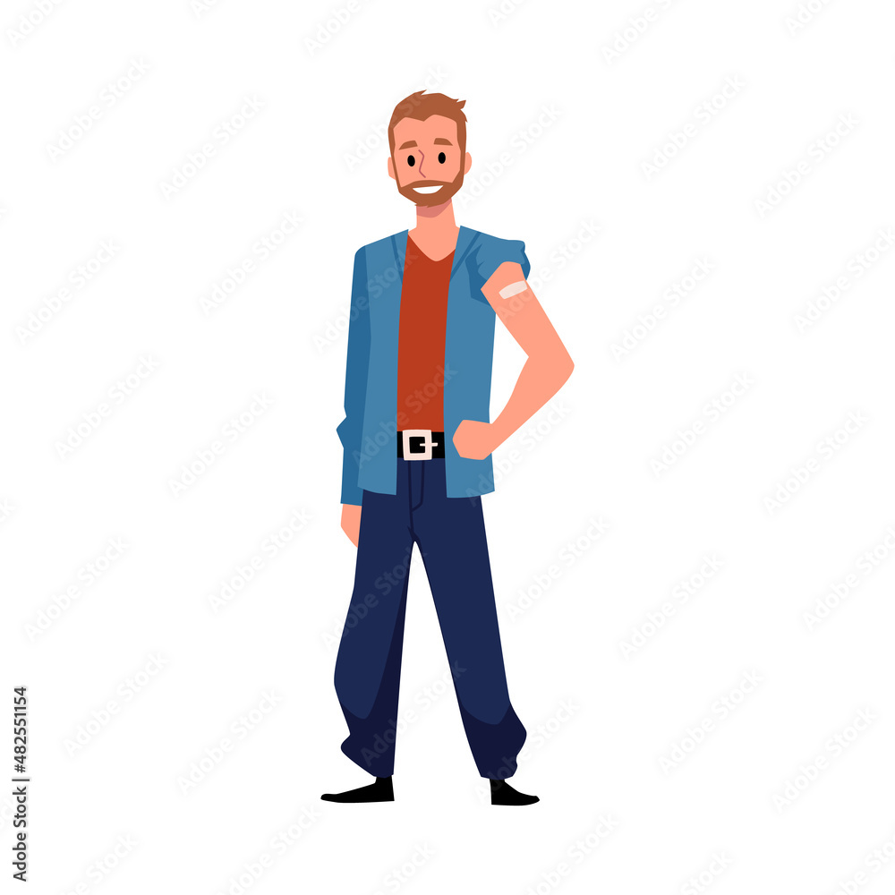 Man got vaccine of Covid-19 or flu injection, flat vector illustration isolated.