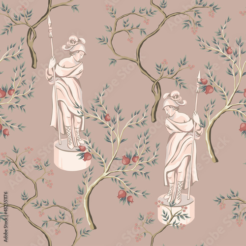 Tropical vintage park, marble sculpture, fruit tree floral seamless pattern pink background. Garden botanical vector wallpaper.