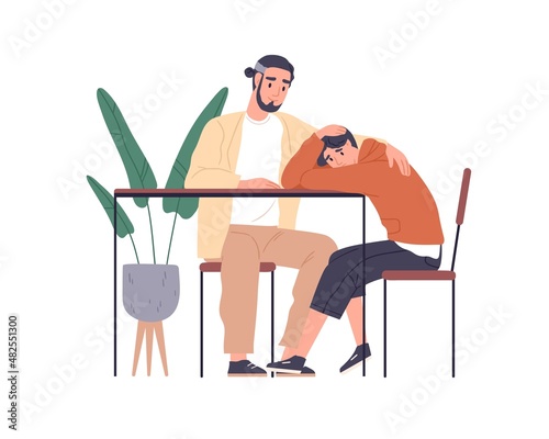 Father supporting teen son. Good teenager-parent relationships, dad and child communication and care concept. Daddy talking to sad boy. Flat vector illustration isolated on white background