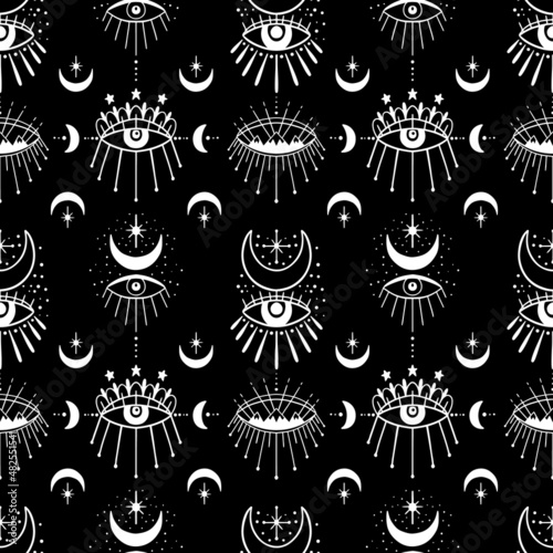 Mystic seamless pattern hamsa and evil eye symbol.Esoteric magic occult amulet.Abstract hand drawn style.