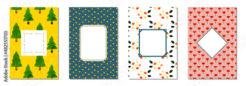 水彩花と植物のパターンフレームセット