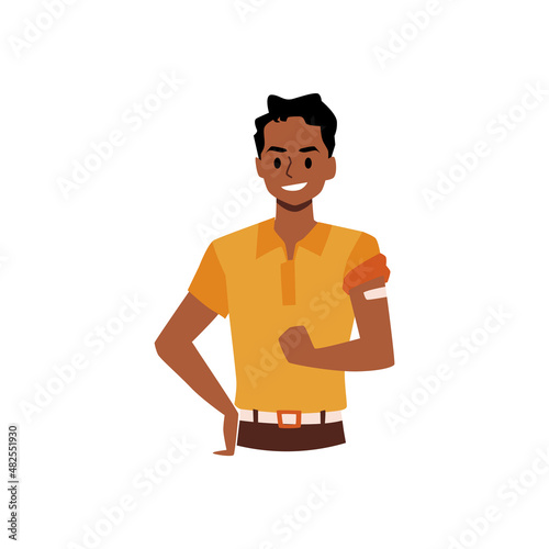 Black man vaccinated for COVID show his bicep with bandage on it. Man after vaccine shot, face cartoon illustration
