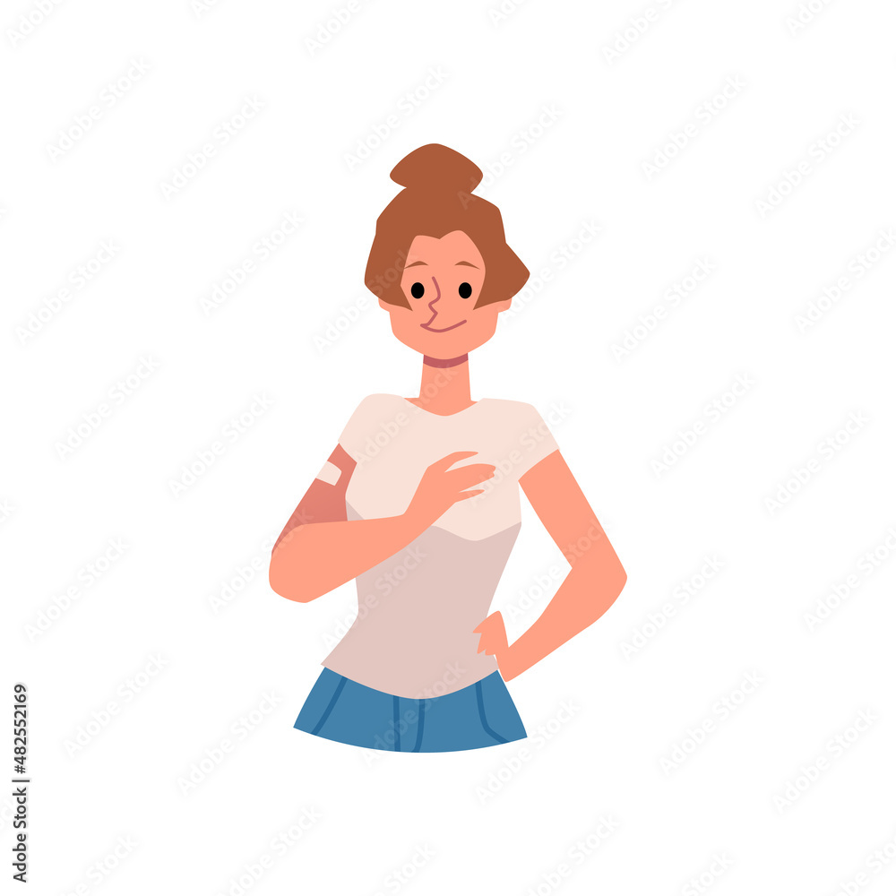 Vaccinated smiling woman with plaster on arm, flat vector illustration isolated.