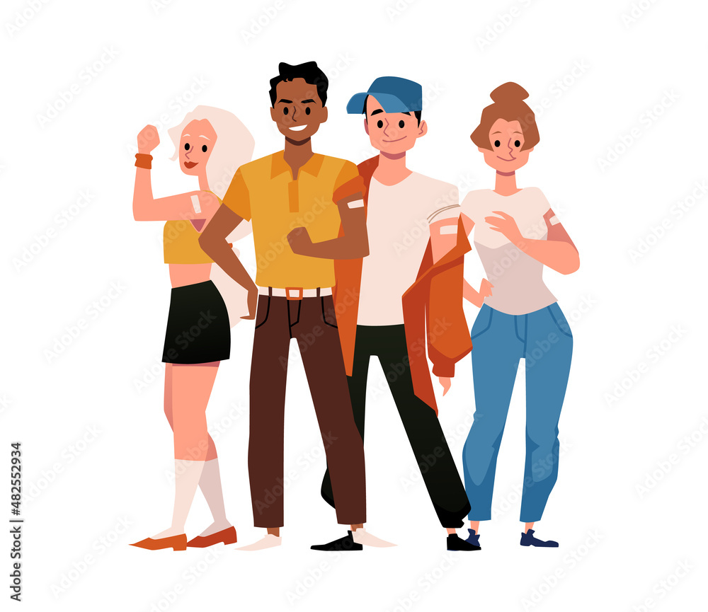 Group of vaccinated young people cartoon flat vector illustration isolated. Group of vaccinated young people cartoon flat vector illustration isolated.