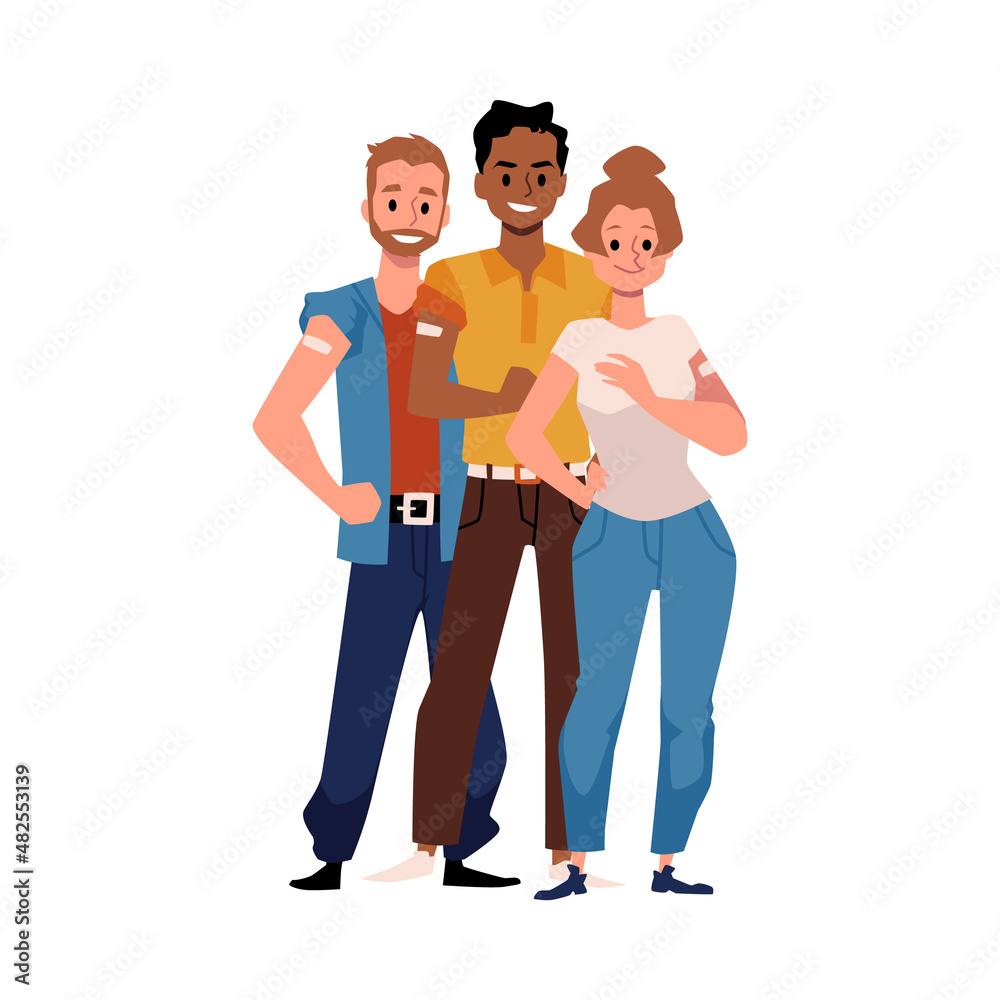 COVID vaccine medical poster. Black male and young white female got vaccinated for coronavirus or other disease. COVID vaccine medical poster. Black male and young white female got vaccinated for coronavirus or other disease.