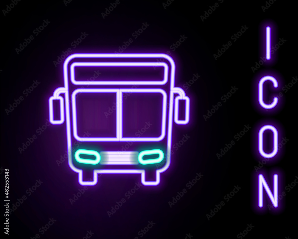Glowing neon line Bus icon isolated on black background. Transportation concept. Bus tour transport sign. Tourism or public vehicle symbol. Colorful outline concept. Vector Glowing neon line Bus icon isolated on black background. Transportation concept. Bus tour transport sign. Tourism or public vehicle symbol. Colorful outline concept. Vector