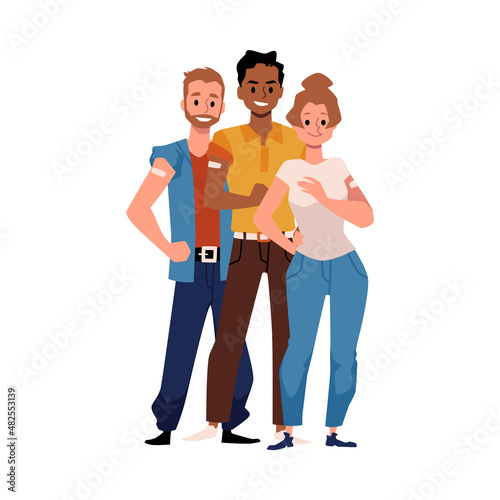 COVID vaccine medical poster. Black male and young white female got vaccinated for coronavirus or other disease.