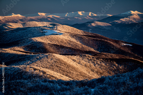 Winter mountain landscape. Bieszczady Mountains and Polonina Borshava  Poland. and Ukraine.