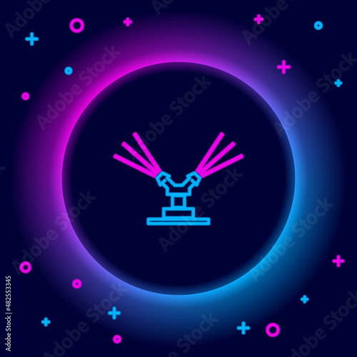 Glowing neon line Automatic irrigation sprinklers icon isolated on black background. Watering equipment. Garden element. Spray gun icon. Colorful outline concept. Vector