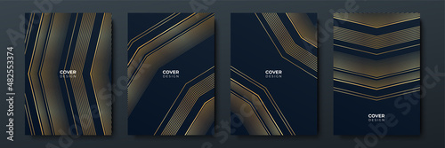 Elegant luxury black and gold cover design background with abstract lines. Modern black stripe cover design set. Luxury creative gold dynamic diagonal line pattern for business, invitation, wedding