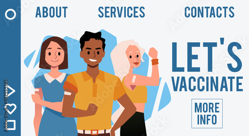 Site page interface with call for vaccination, flat vector illustration.