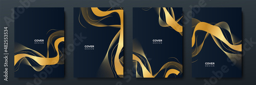 Elegant luxury black and gold cover design background with abstract lines. Modern black stripe cover design set. Luxury creative gold dynamic diagonal line pattern for business, invitation, wedding