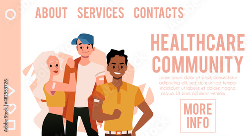 Young people vaccinated for COVID, healthcare community website banner. Black male and white female show bandage on arm.