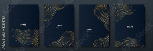 Elegant luxury black and gold cover design background with abstract lines. Modern black stripe cover design set. Luxury creative gold dynamic diagonal line pattern for business, invitation, wedding