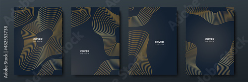 Elegant luxury black and gold cover design background with abstract lines. Modern black stripe cover design set. Luxury creative gold dynamic diagonal line pattern for business, invitation, wedding