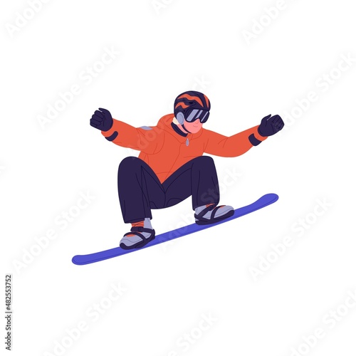 Man riding snowboard. Active person jumping, standing on snow board. Snowboarder in glasses and helmet. Extreme winter sports activity. Flat vector illustration isolated on white background