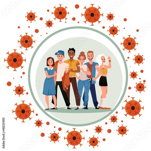 Vaccinated people got herd immunity and stand in safe bubble, protected from Covid virus disease, vector illustration.