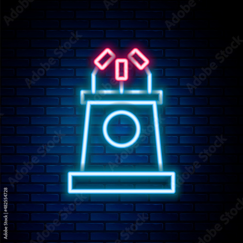 Glowing neon line Stage stand or debate podium rostrum icon isolated on brick wall background. Conference speech tribune. Colorful outline concept. Vector