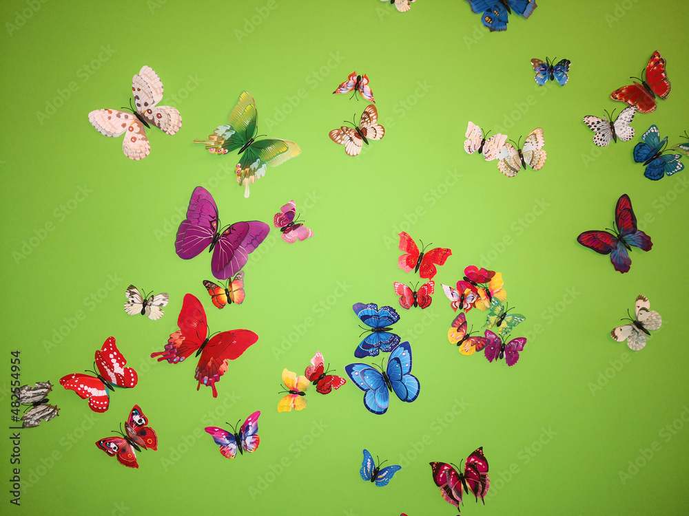 Obraz premium Butterflies on the wall green background colors , children's imagination
