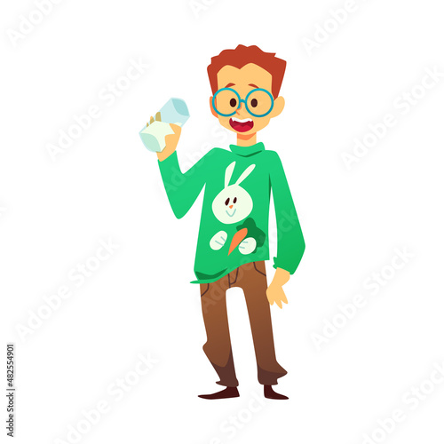 Kid boy full length with glass of milk flat vector illustration isolated.