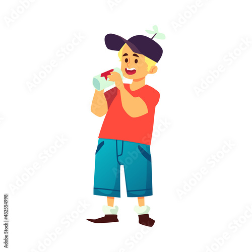 Kid boy drinking juice or soda water from can, flat vector illustration isolated.