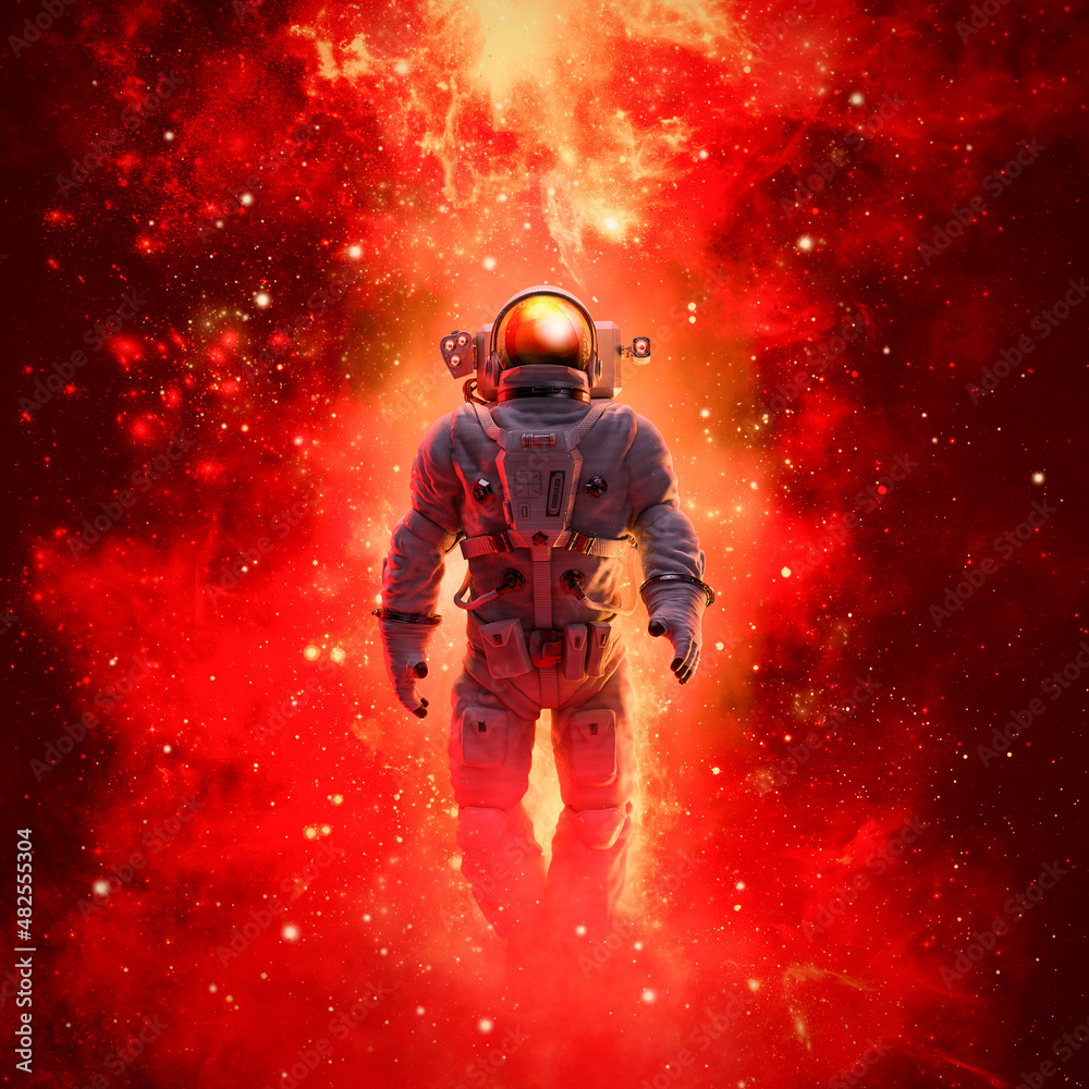 Fototapeta Exploring a galaxy of stars - 3D illustration of science fiction scene with astronaut walking in outer space amid glowing colourful galaxies
