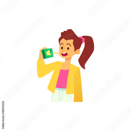 Girl drinking juice from packaging flat cartoon vector illustration isolated.