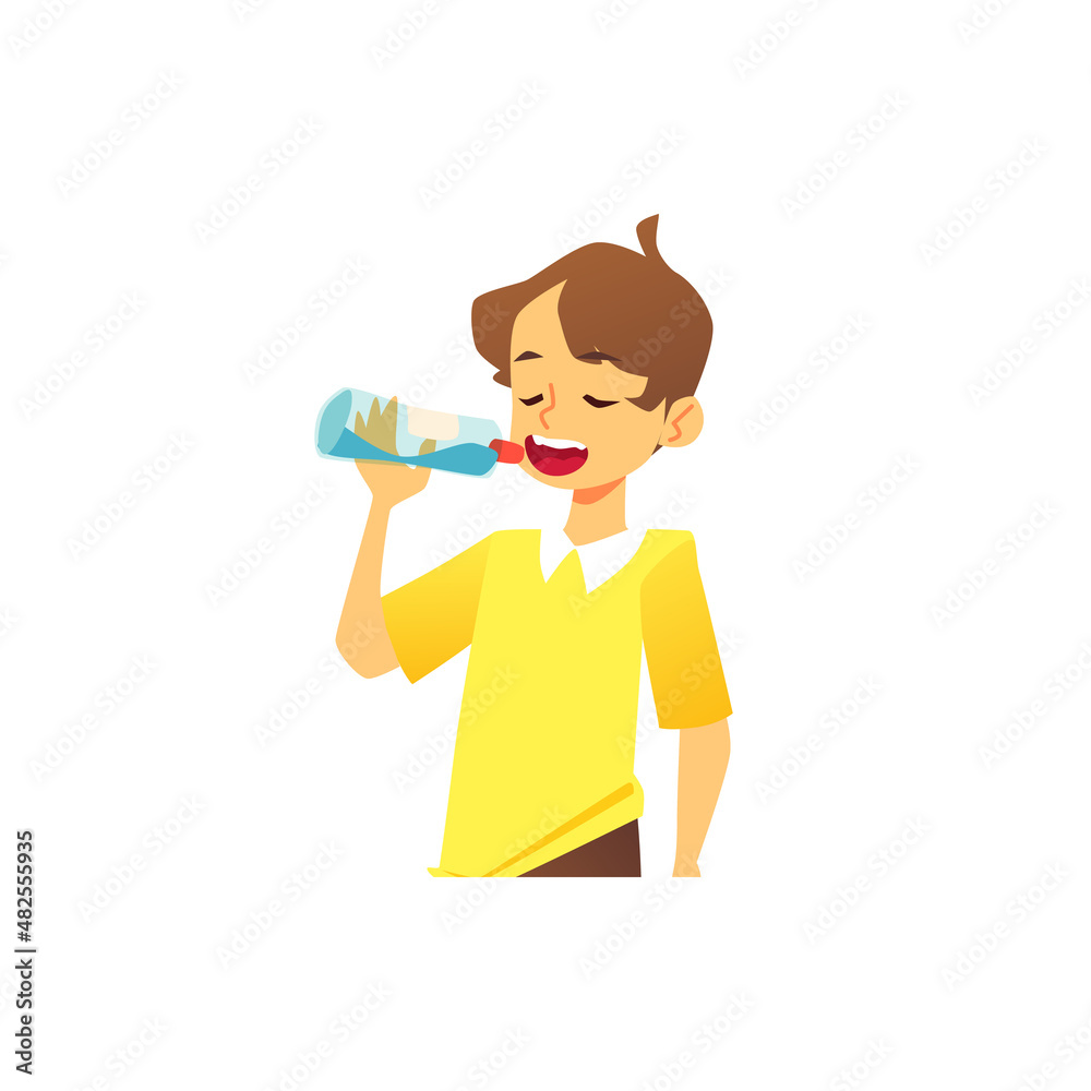Child boy drinking pure water from bottle flat vector illustration isolated. Child boy drinking pure water from bottle flat vector illustration isolated.