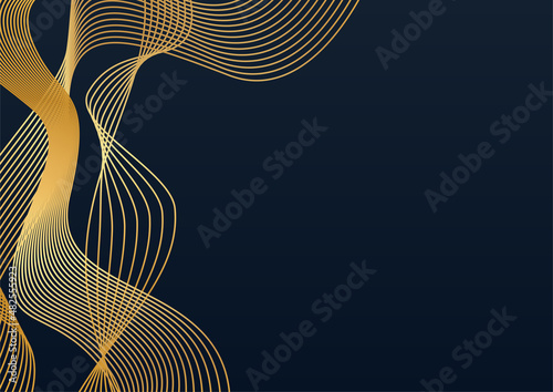 Luxury black gold wave line background. Abstract decoration, golden pattern vector illustration. Black and gold waves background template, geometric shapes, modern minimal banner.