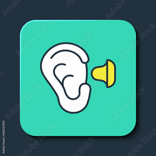 Filled outline Earplugs and ear icon isolated on blue background. Ear plug sign. Noise symbol. Sleeping quality concept. Turquoise square button. Vector