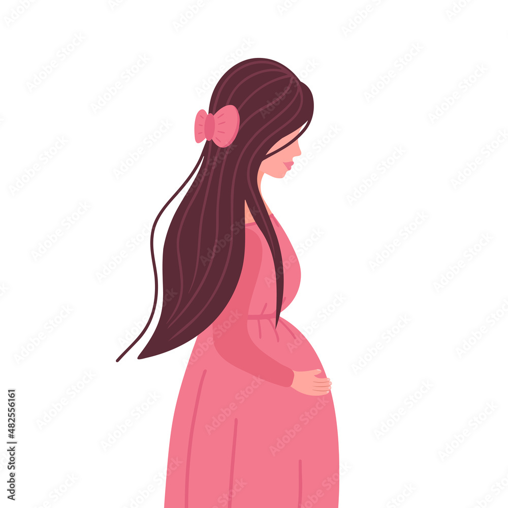 Pregnant Woman, young pregnant girl holding her baby bump. Vector Illustration for backgrounds, packaging, greeting cards, posters, stickers, textile and seasonal design. Isolated on white background.