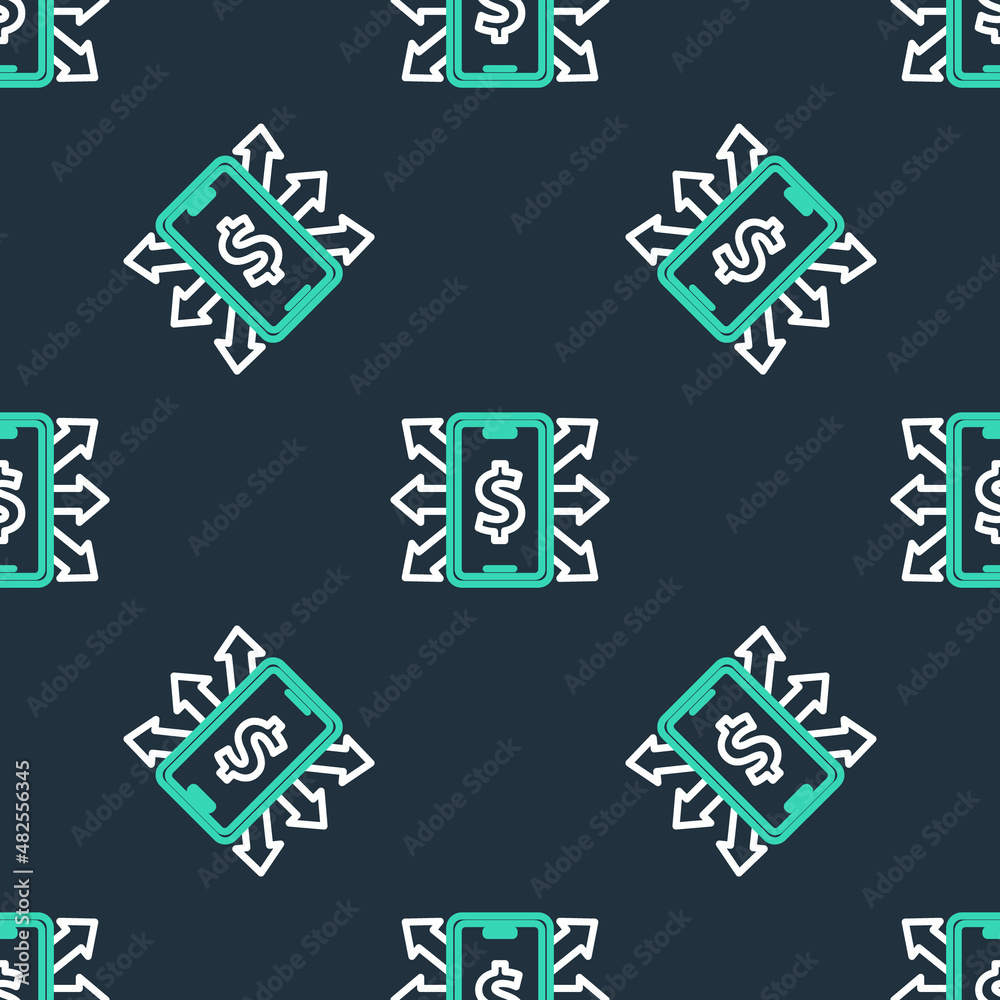 Line Smartphone with dollar symbol icon isolated seamless pattern on black background. Online shopping concept. Financial mobile phone icon. Online payment. Vector