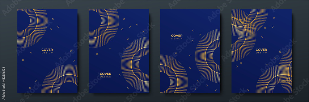 Modern blue and gold cover frame design set. Luxury wave pattern with golden line. Vector collection background. Background for cover, business background, brochure, invitation, wedding, business card