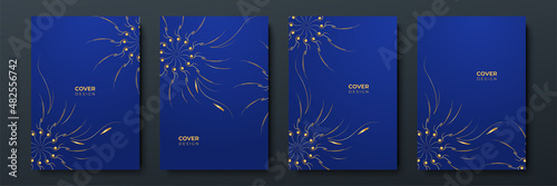 Modern blue and gold cover frame design set. Luxury wave pattern with golden line. Vector collection background. Background for cover, business background, brochure, invitation, wedding, business card
