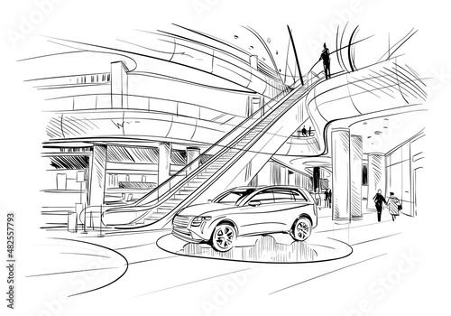Fashion store hand drawn sketch interior design. Shopping mall. Vector illustration