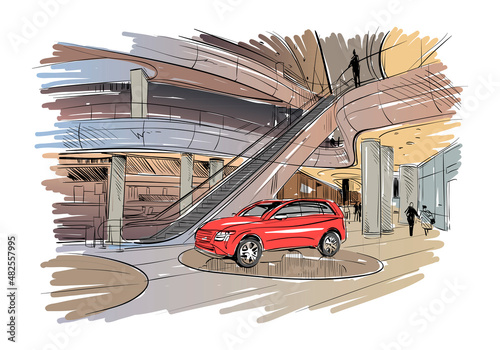 Fashion store hand drawn sketch interior design. Shopping mall. Vector illustration