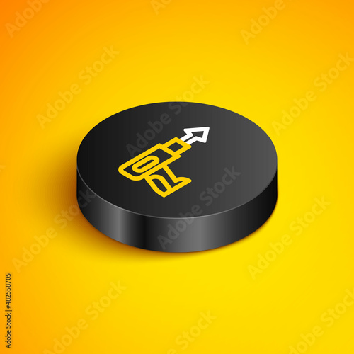 Isometric line Fishing harpoon icon isolated on yellow background. Fishery manufacturers for catching fish under water. Diving underwater equipment. Black circle button. Vector