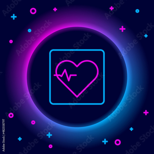 Glowing neon line Heart rate icon isolated on black background. Heartbeat sign. Heart pulse icon. Cardiogram icon. Colorful outline concept. Vector