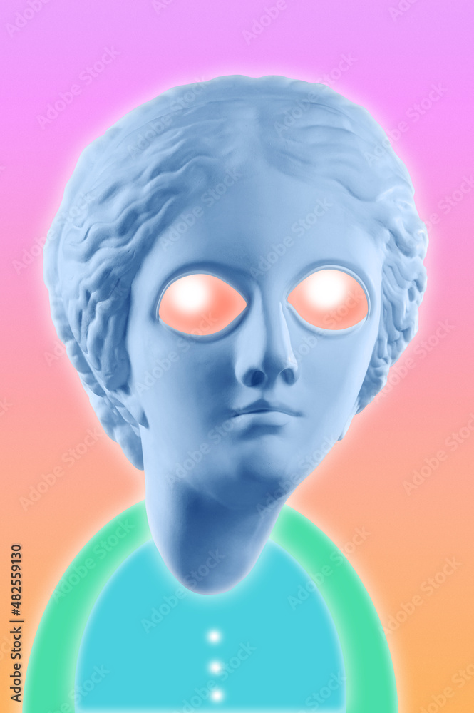 Colorful funky poster with unusual weird alien with huge glowing eyes. Looking like an antique Venus. UFO, space, extraterrestrial civilization. Surreal template for dj, fashion, music, punk culture.