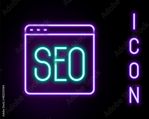 Glowing neon line SEO optimization icon isolated on black background. Colorful outline concept. Vector