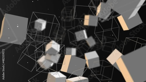 Abstract flying cubes chaotic form of low poly in empty space.