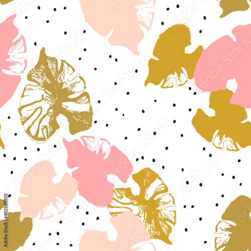 Abstract tropical floral seamless pattern with grunge monstera leaves, animal skin print.