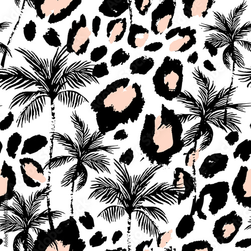 Abstract tropical floral seamless pattern with grunge palm trees, animal skin...
